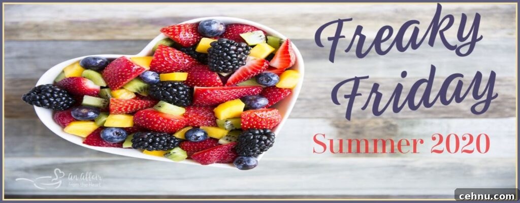 a freaky friday banner with a heart shaped bowl with fruits