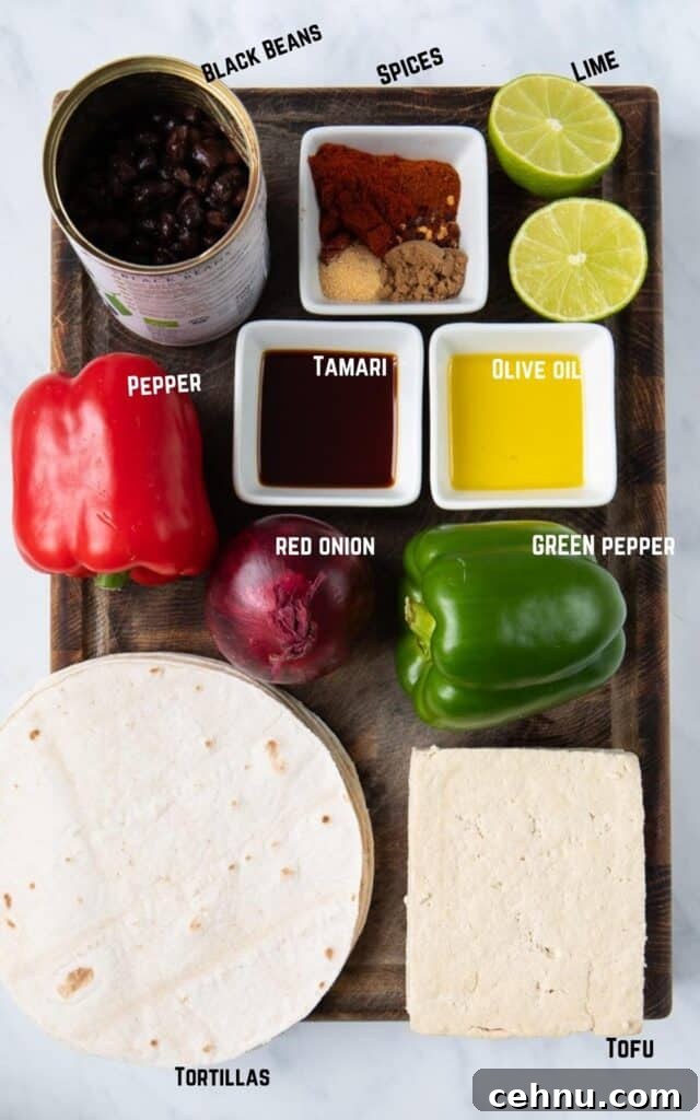 Ingredients: Black Beans, Spices, Lime, Pepper, Tamari, Olive oil, red onion, Tortillas, Tofu.