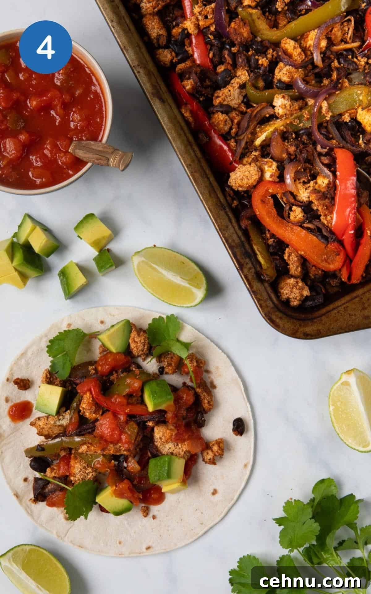 Spices, Black beans, Red Pepper, Tamari, Olive oil, red onion, and green pepper in a baking pan with a prepared tortilla off to the side.