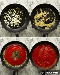 4 step by step photos showing how to make marinara sauce