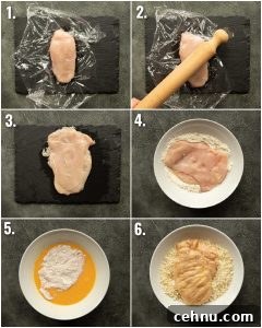 6 step by step photos showing how to prepare chicken parmesan