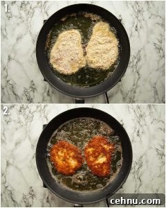 2 step by step photos showing how to fry chicken parmesan