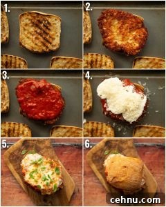 6 step by step photos showing how to make chicken parmesan sandwiches