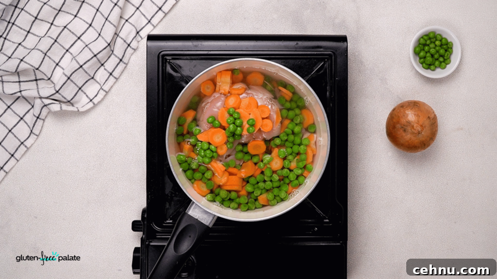 Gluten Free Chicken Pot Pie Recipe with Flaky Crust 11 Sautee your veggies and chicken, put them in water on the stove for about 15 mintues.