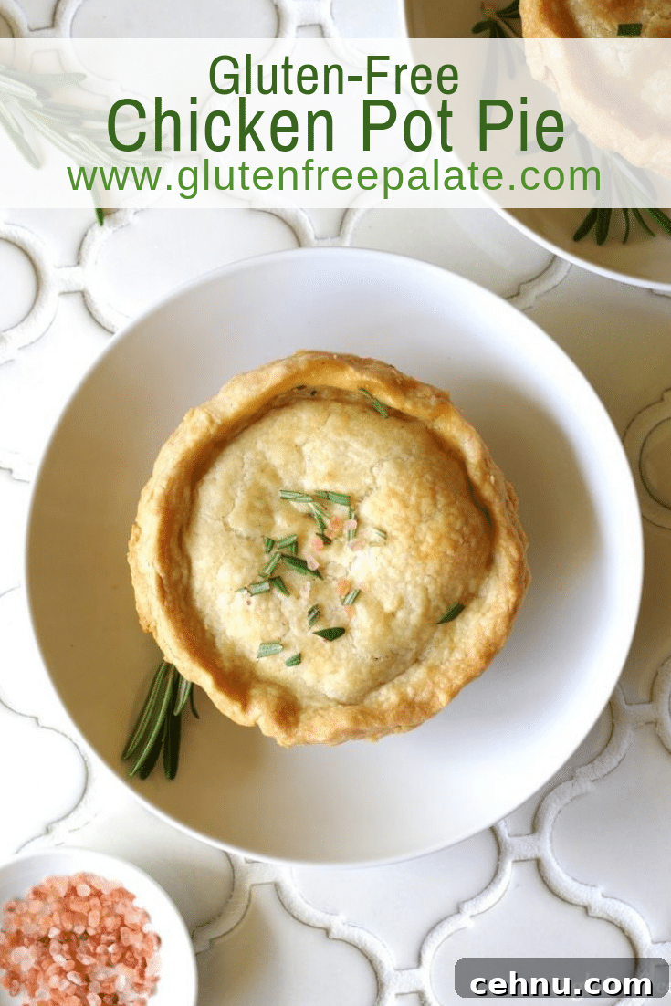 Gluten Free Chicken Pot Pie Recipe with Flaky Crust 19 a pinterest pin of a chicken pot pie on a white plate with the words gluten-free chicken pot pie in text at the top