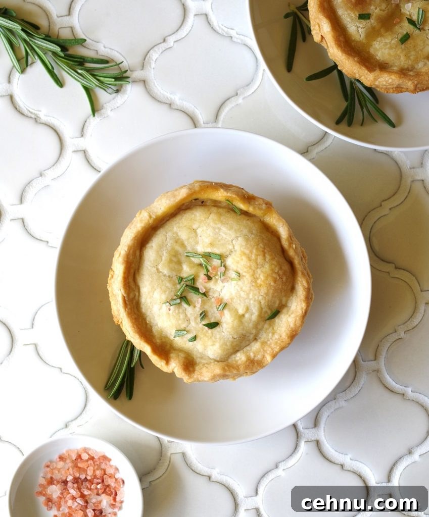 Gluten Free Chicken Pot Pie Recipe with Flaky Crust 3 A Gluten-Free Chicken Pot Pie topped with salt and rosemary on a white plate