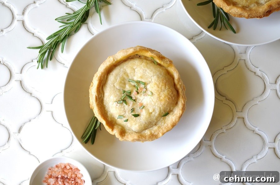 Gluten Free Chicken Pot Pie Recipe with Flaky Crust 5 a close up of A Gluten-Free Chicken Pot Pie topped with salt and rosemary on a white plate
