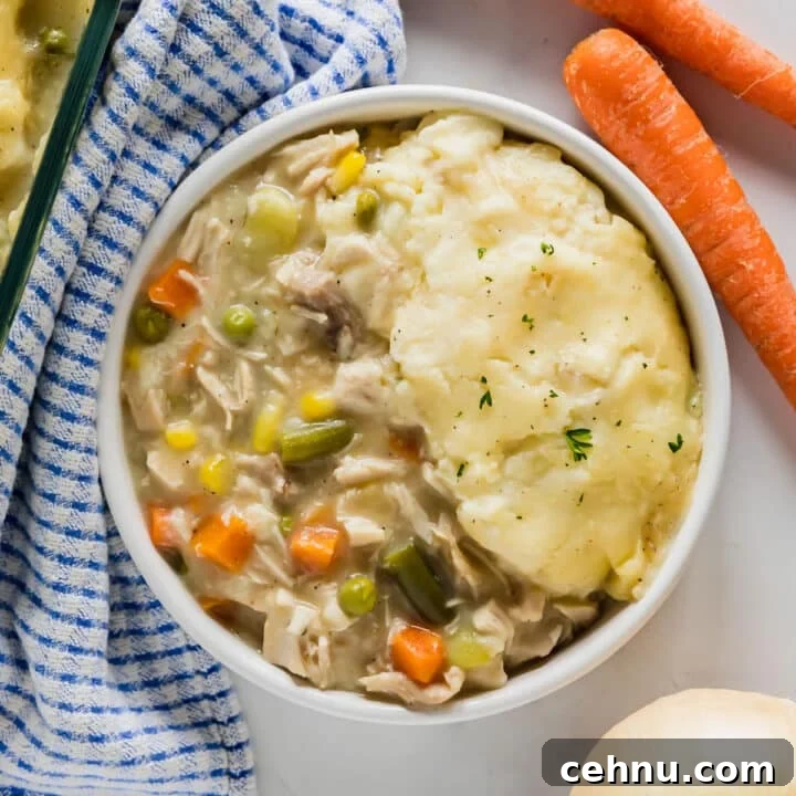 An overhead image of a plate of chicken shepherd's pie with carrots, onion and a blue and white kitchen towel around it.