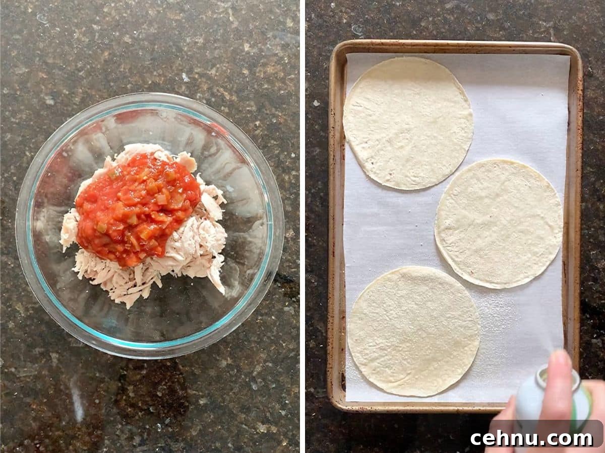 Chicken in a bowl with salsa and corn tortillas on a baking pan being sprayed with cooking spray.