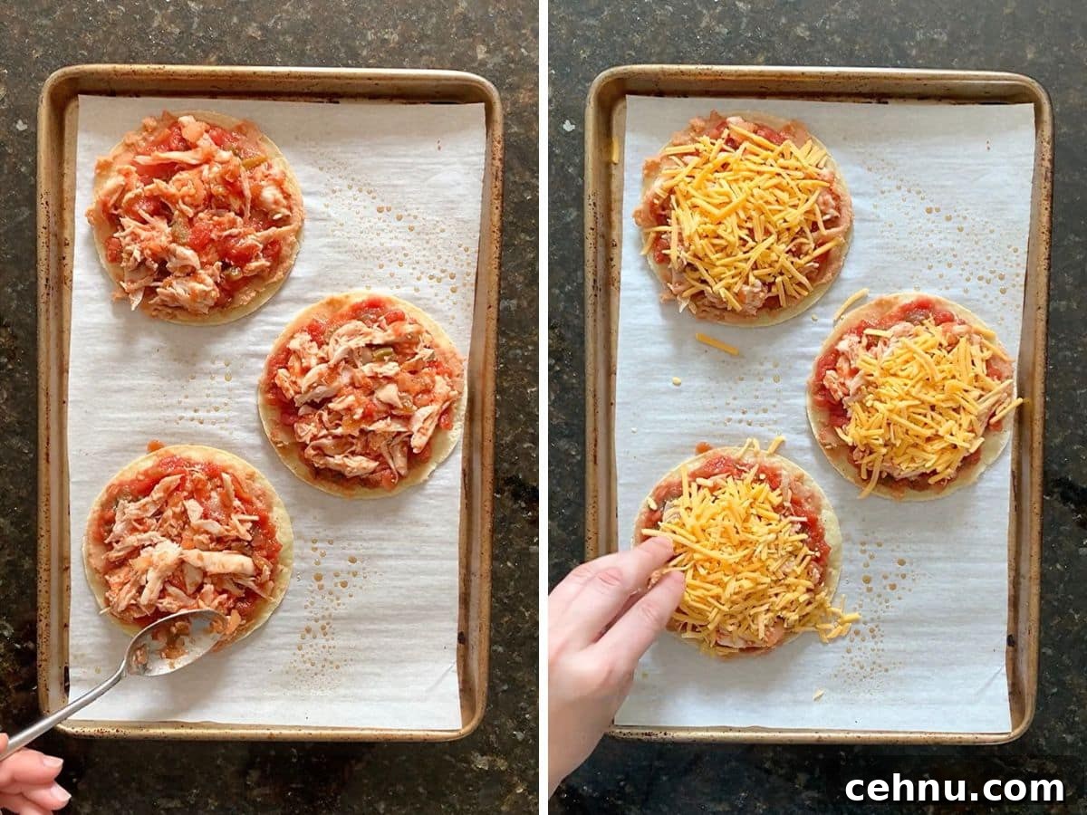 Chicken added to the top of the tostadas and then shredded cheese.