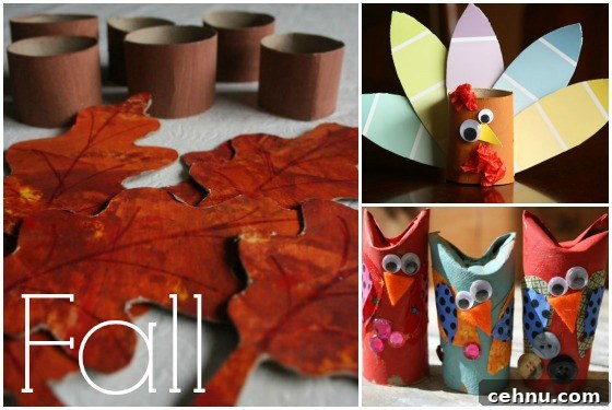 More Than 30 Toilet Paper Roll Crafts and Activities for Kids 3 fall leaf nakin rings, paint chip turkey and owl craft made from toilet paper tubes