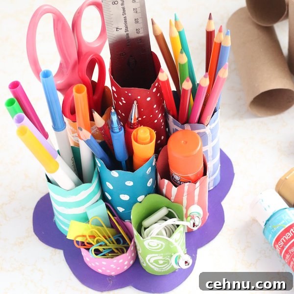 More Than 30 Toilet Paper Roll Crafts and Activities for Kids 21 homemade cardboard roll desk caddy filled with art supplies
