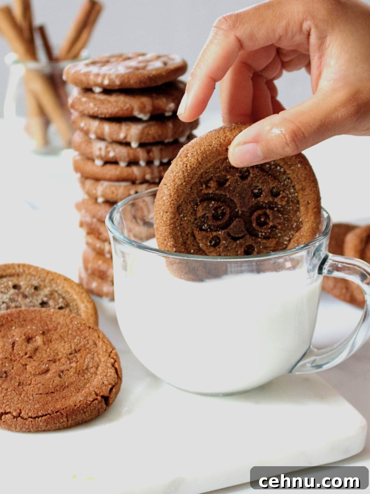 dunking cookies into a cup with milk.