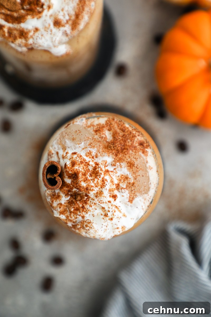 A top view of an iced pumpkin spice latte surrounded by small pumpkins, espresso beans and pumpkin pie spice