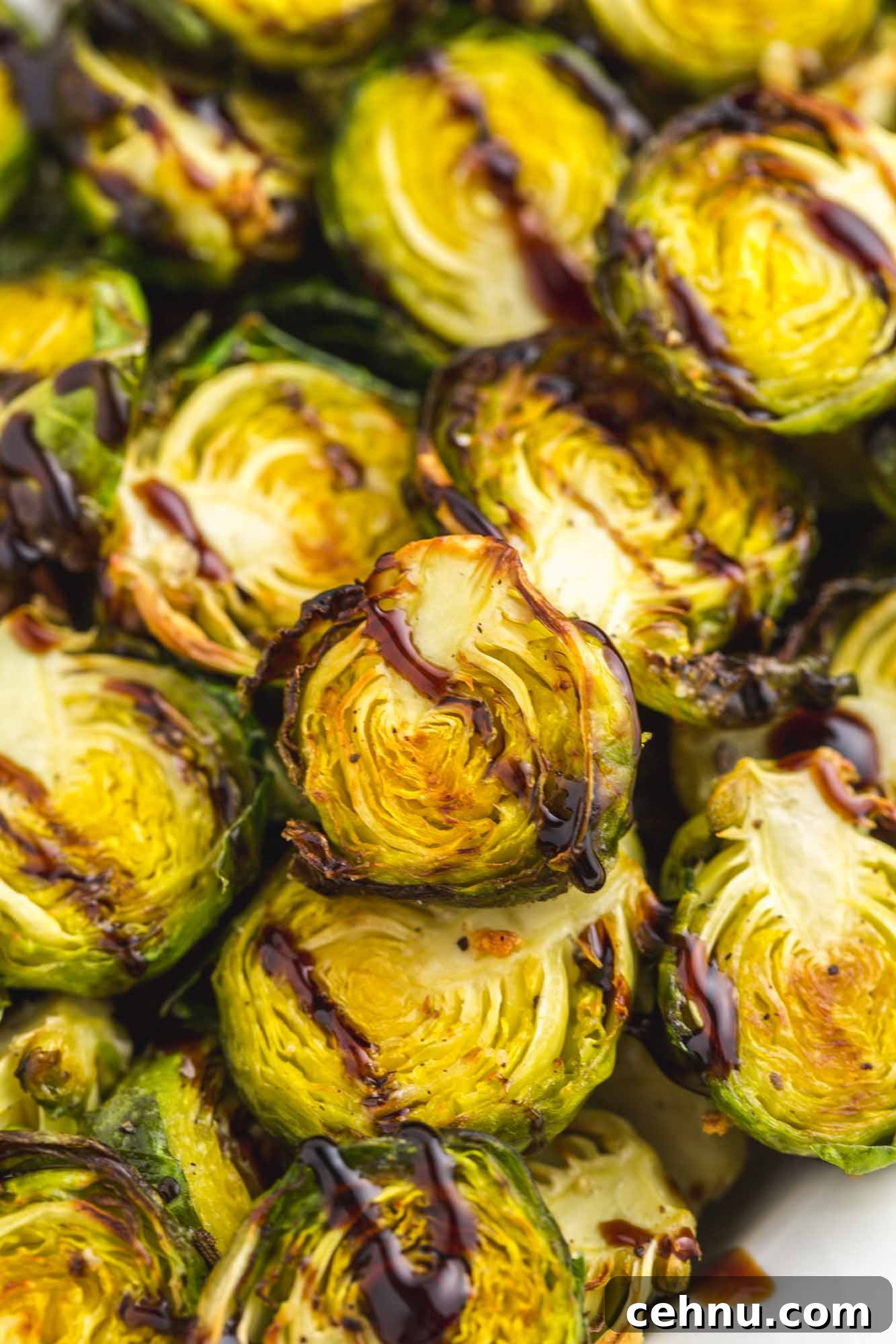 Close up shot of Air Fried brussels sprouts and balsamic glaze