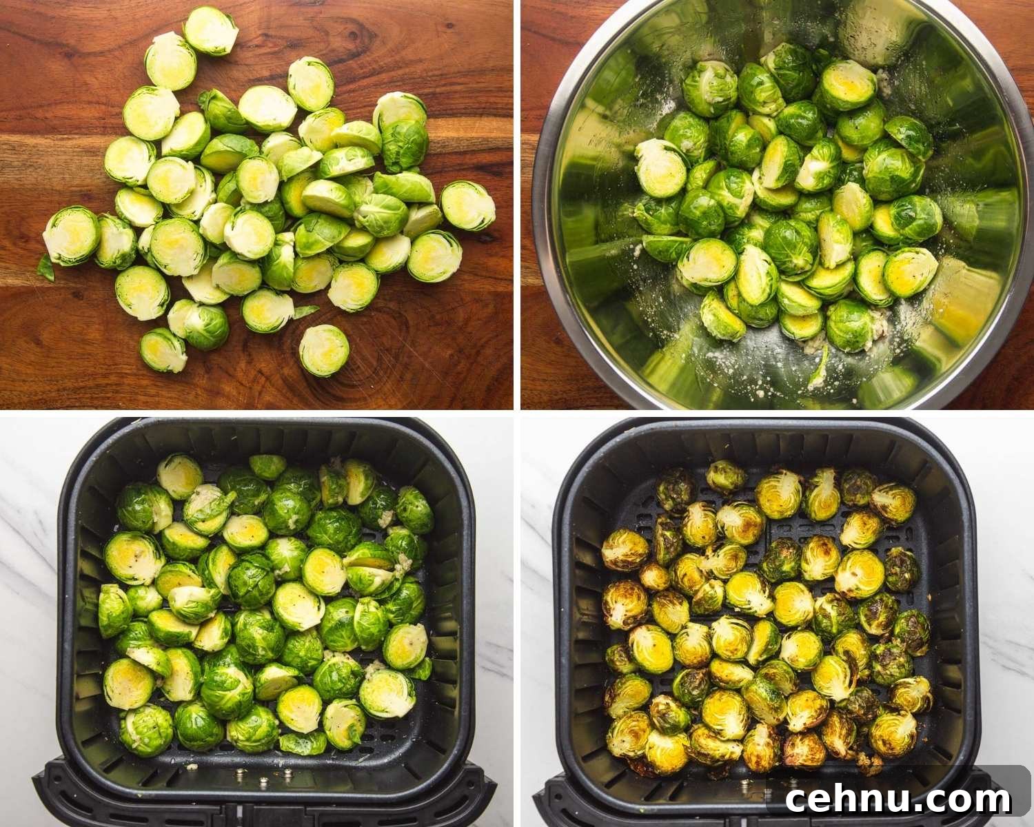 Collage of four images showing how to air fry brussels sprouts