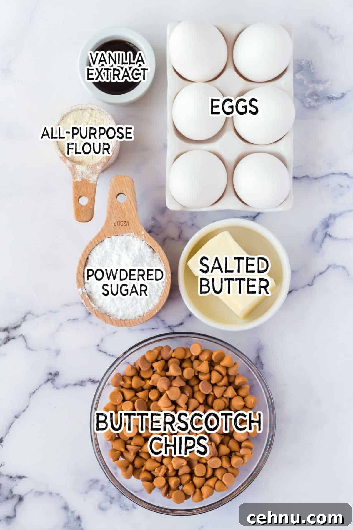 Molten Butterscotch Lava Cakes Recipe 3 Ingredients on a white marble counter.