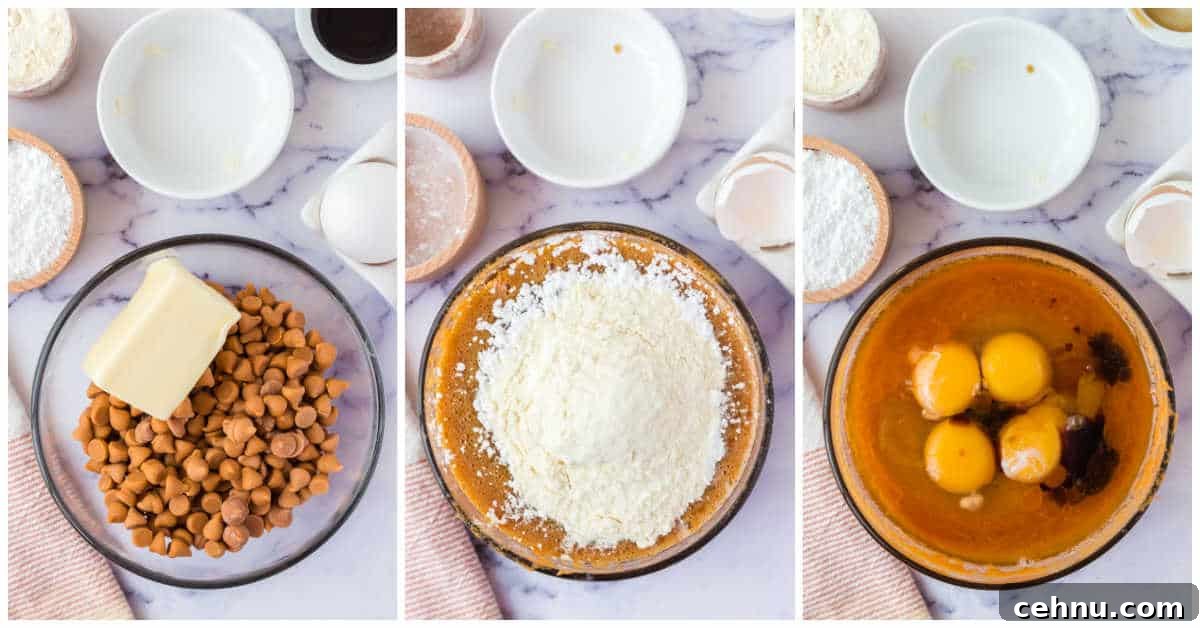 Molten Butterscotch Lava Cakes Recipe 4 Collage of mixing ingredients in a bowl.