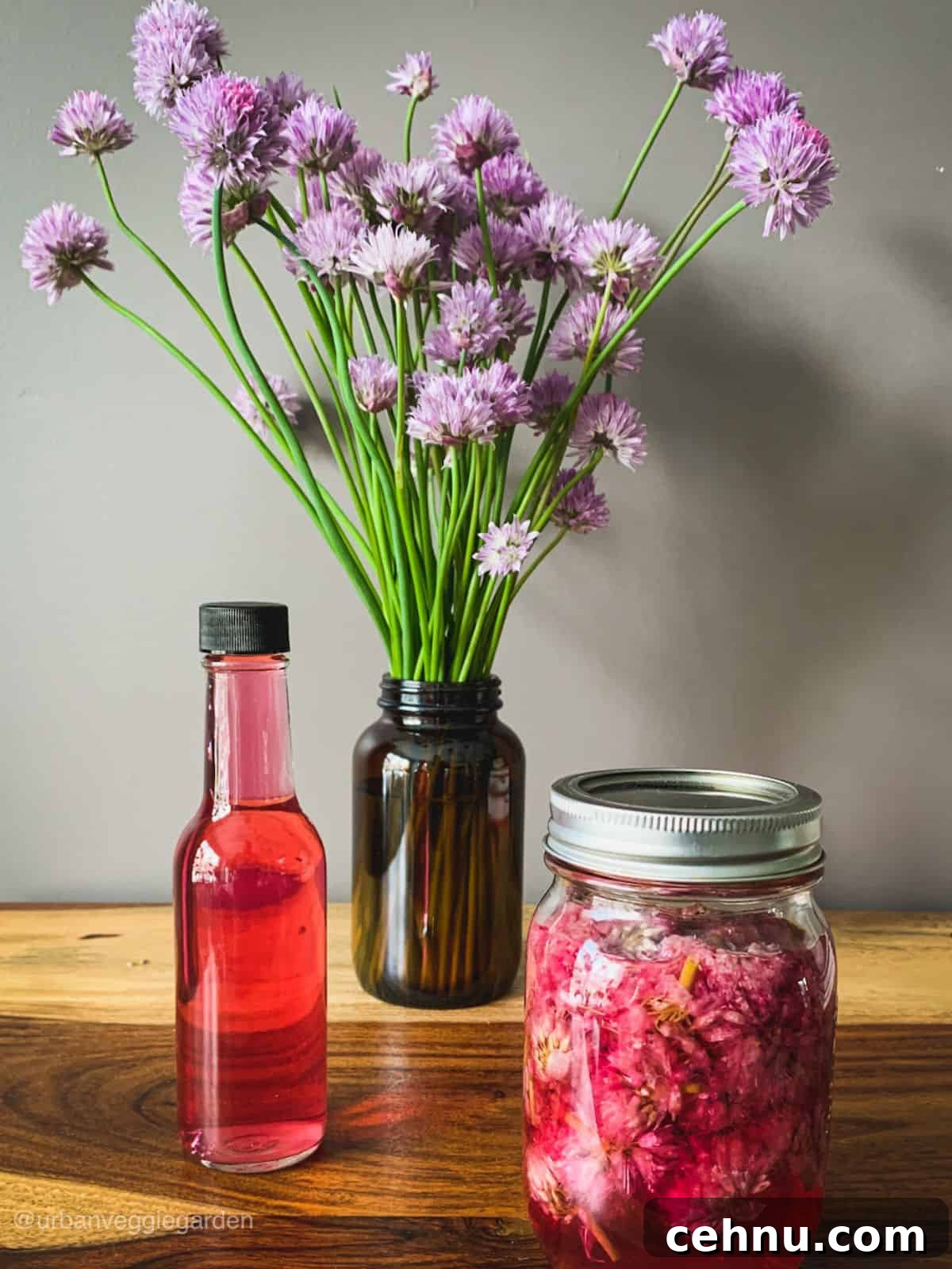 Mason jar and bottle with purple chive vinegar.