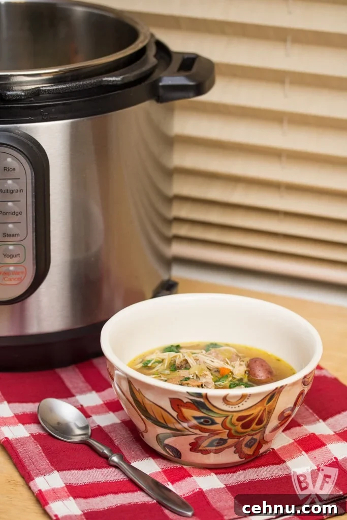 Bowl of soup with a spoon in front of an Instant Pot.