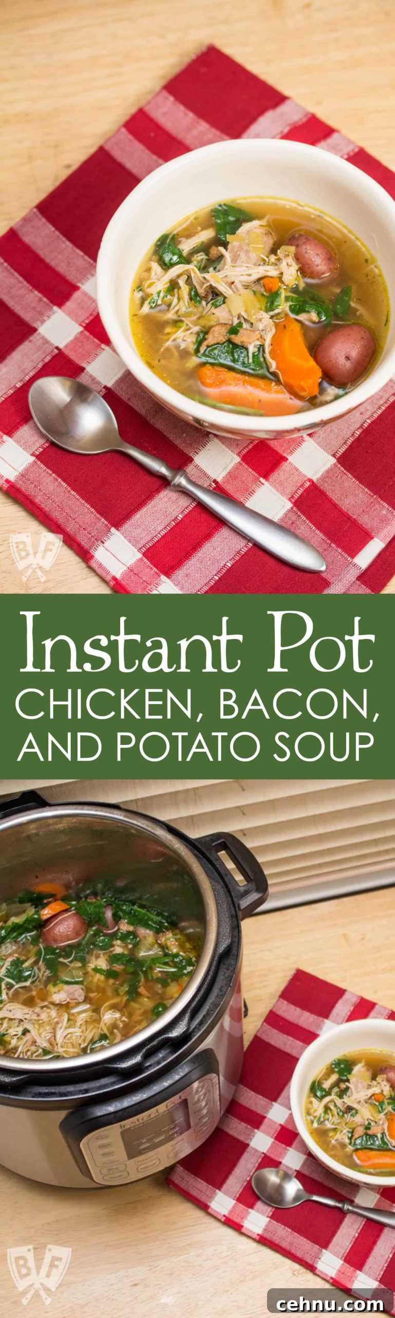 Instant Pot Chicken, Bacon, and Potato Soup: Nothing beats a hearty bowl of homemade chicken soup with bacon. This recipe utilizes the Instant Pot for all day flavor in less than an hour!
