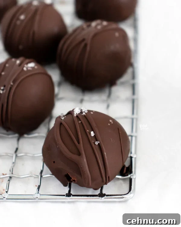 Chocolate Dipped Chocolate Truffles sprinkled with sea salt on a small wire rack