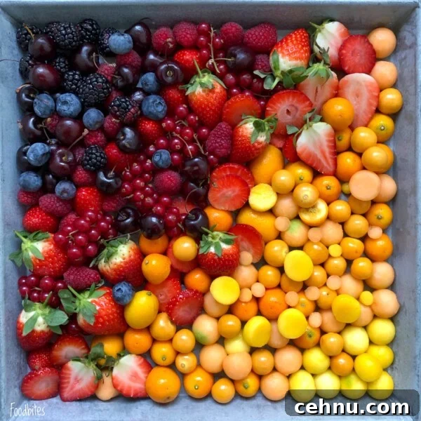 A square tray filled with neatly arranged berries and small fruits, transitioning in color from dark purple and red on the left to orange and yellow on the right.
