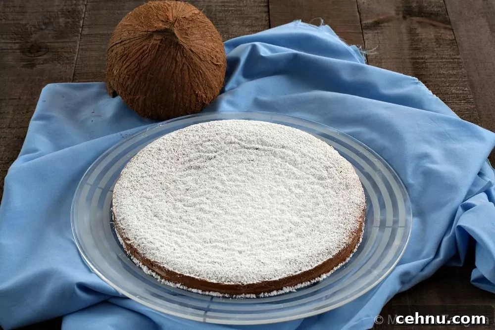 Condensed Milk Coconut Cake Recipe 3 Whole condensed milk and coconut cake dusted with icing sugar, placed on a glass plate with a coconut beside it.