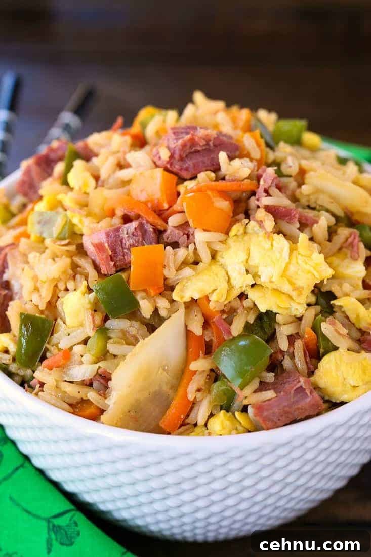 Corned Beef and Cabbage Fried Rice is such a tasty leftover corned beef recipe! Big pieces of corned beef with veggies and fluffy rice! Corned Beef and Cabbage Fried Rice is a fried rice recipe made with leftover corned beef