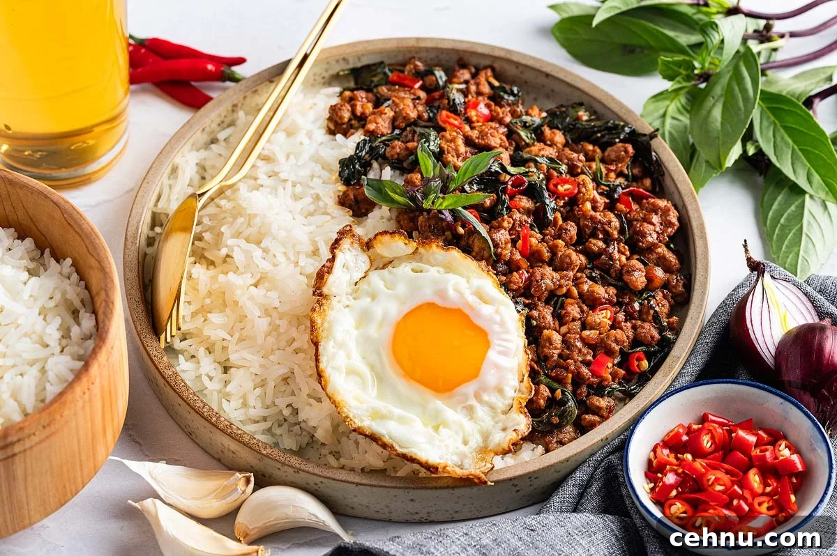 A plate of Thai basil pork featuring stir-fried minced meat with basil and chilies, topped with a fried egg on rice. It's garnished with fresh basil, alongside sides of sliced chilies, garlic, and red onion. Enjoy it all with a refreshing glass of iced tea.