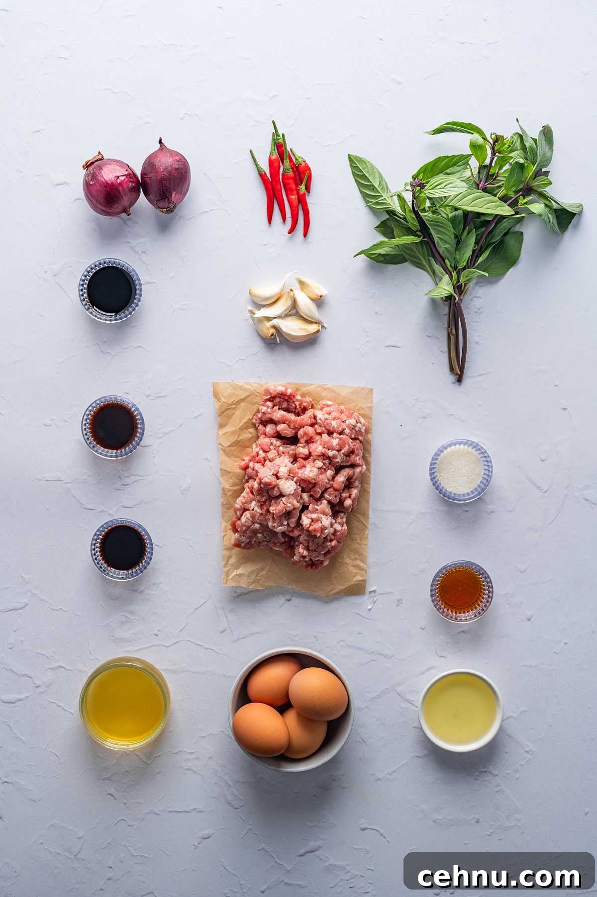 Ingredients arranged on a surface include minced meat, eggs, red onions, red chili peppers, garlic, Thai basil, and various small bowls containing sauces and seasonings for a delicious Thai basil pork dish.