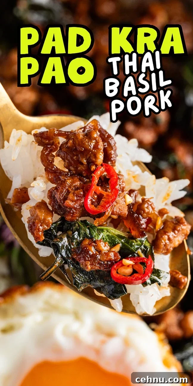 A close-up of a spoonful of Thai basil pork with rice, garnished with vibrant sliced red chilies and fresh basil leaves. Bold text above proclaims " Pad Kra Pao Thai Basil Pork".
