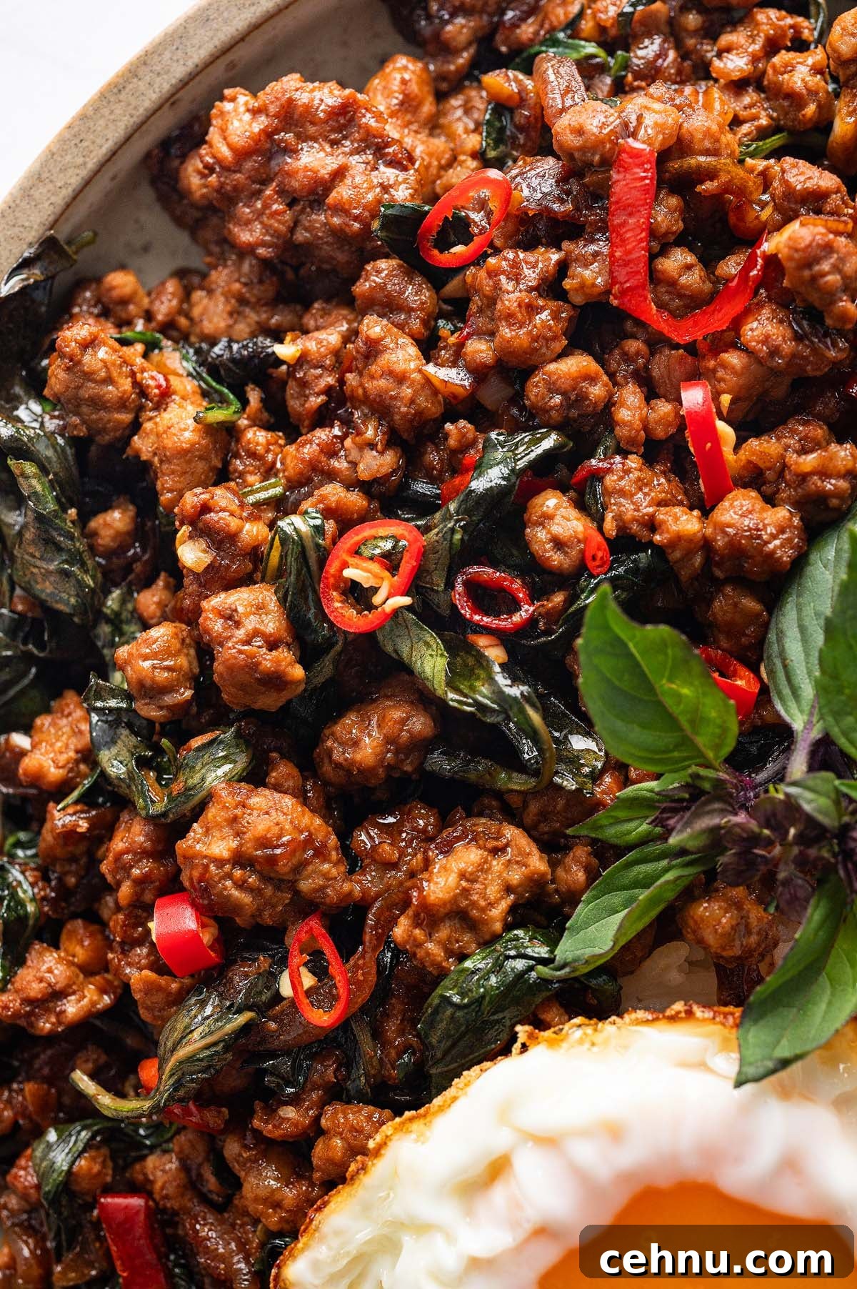 Enjoy a delicious plate of Thai basil pork, featuring stir-fried minced meat with fragrant basil leaves and sliced red chilies, all perfectly complemented by a crispy fried egg.