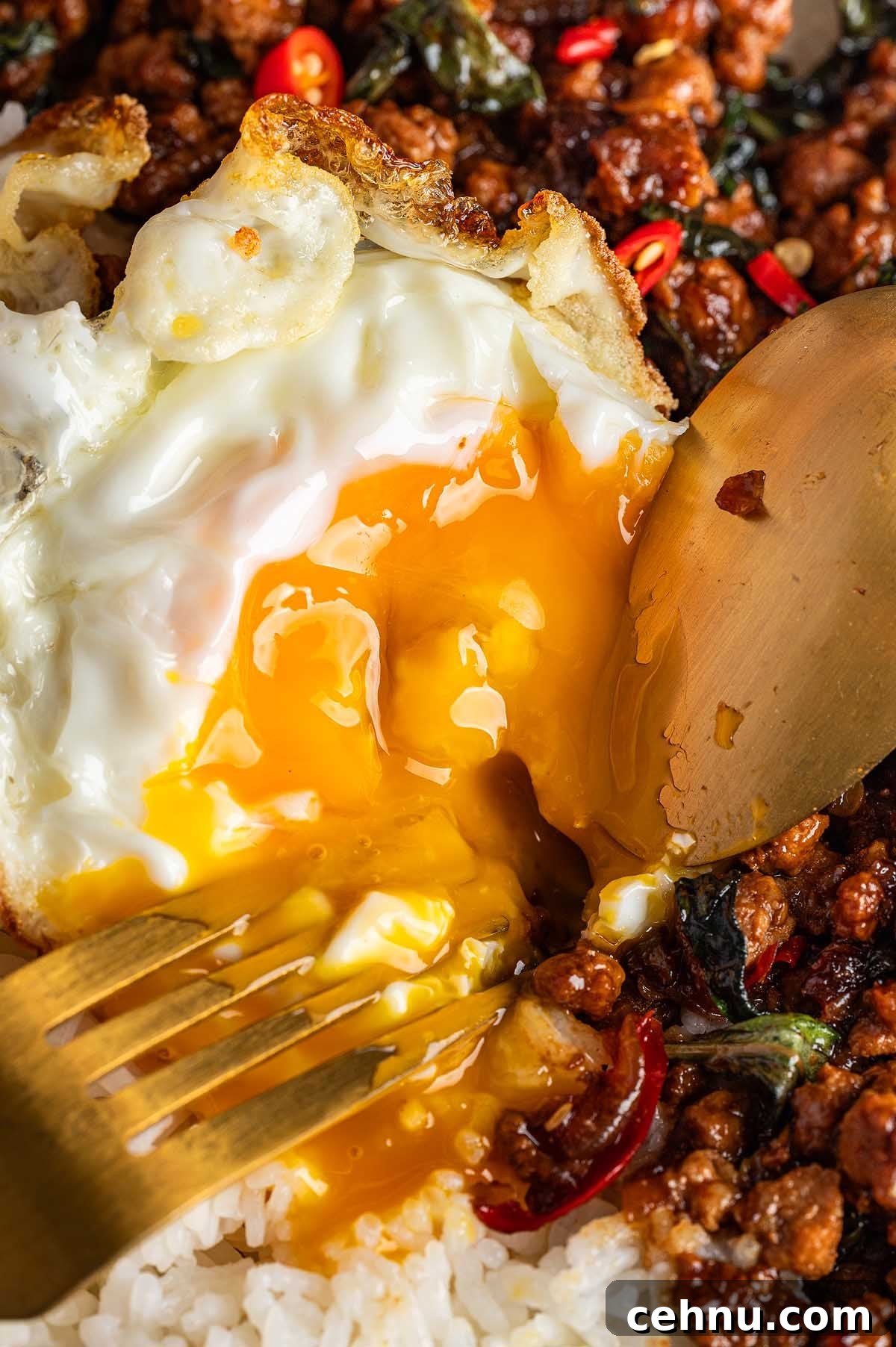 Close-up of a poached egg with runny yolk on top of Thai basil pork and rice, garnished with sliced chili peppers. A fork and spoon are positioned nearby.
