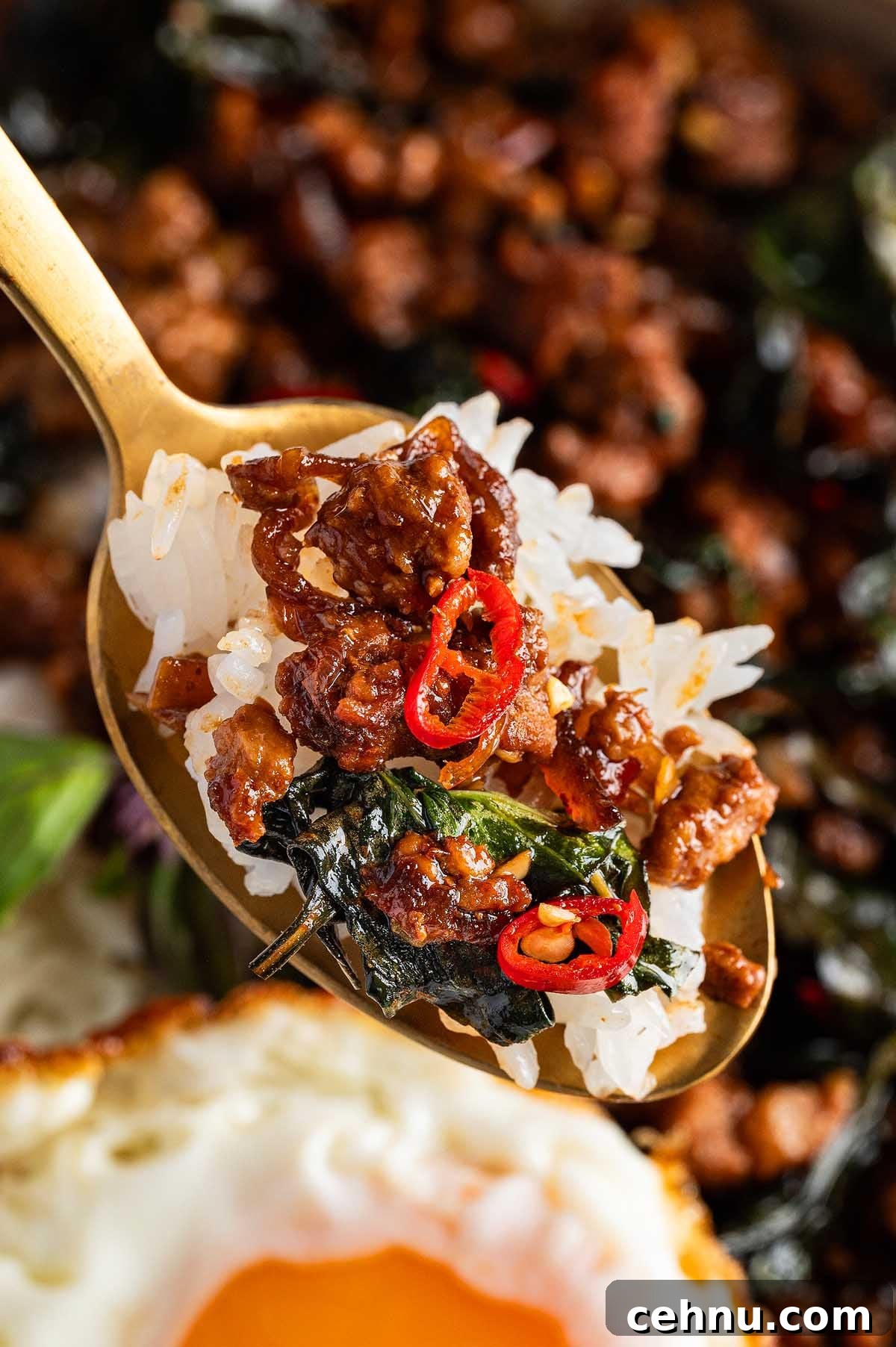 A spoonful of white rice topped with Thai basil pork, sliced red chilies, and a touch of fresh basil leaves, with a golden fried egg completing the enticing scene.