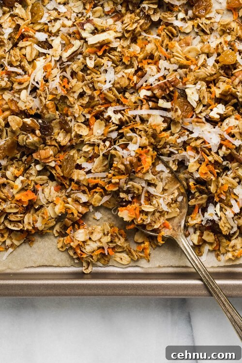 Carrot cake granola on a baking sheet.