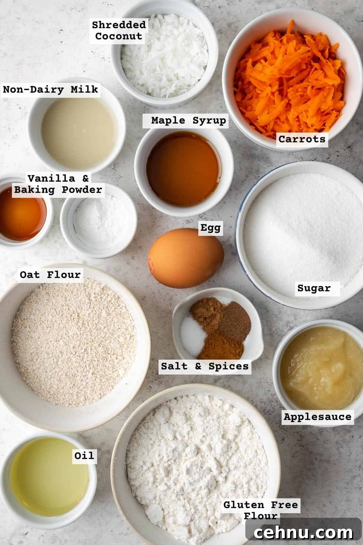 Moist Applesauce Carrot Muffin Recipe with Cinnamon 3 Ingredients for applesauce carrot muffins on a white table.