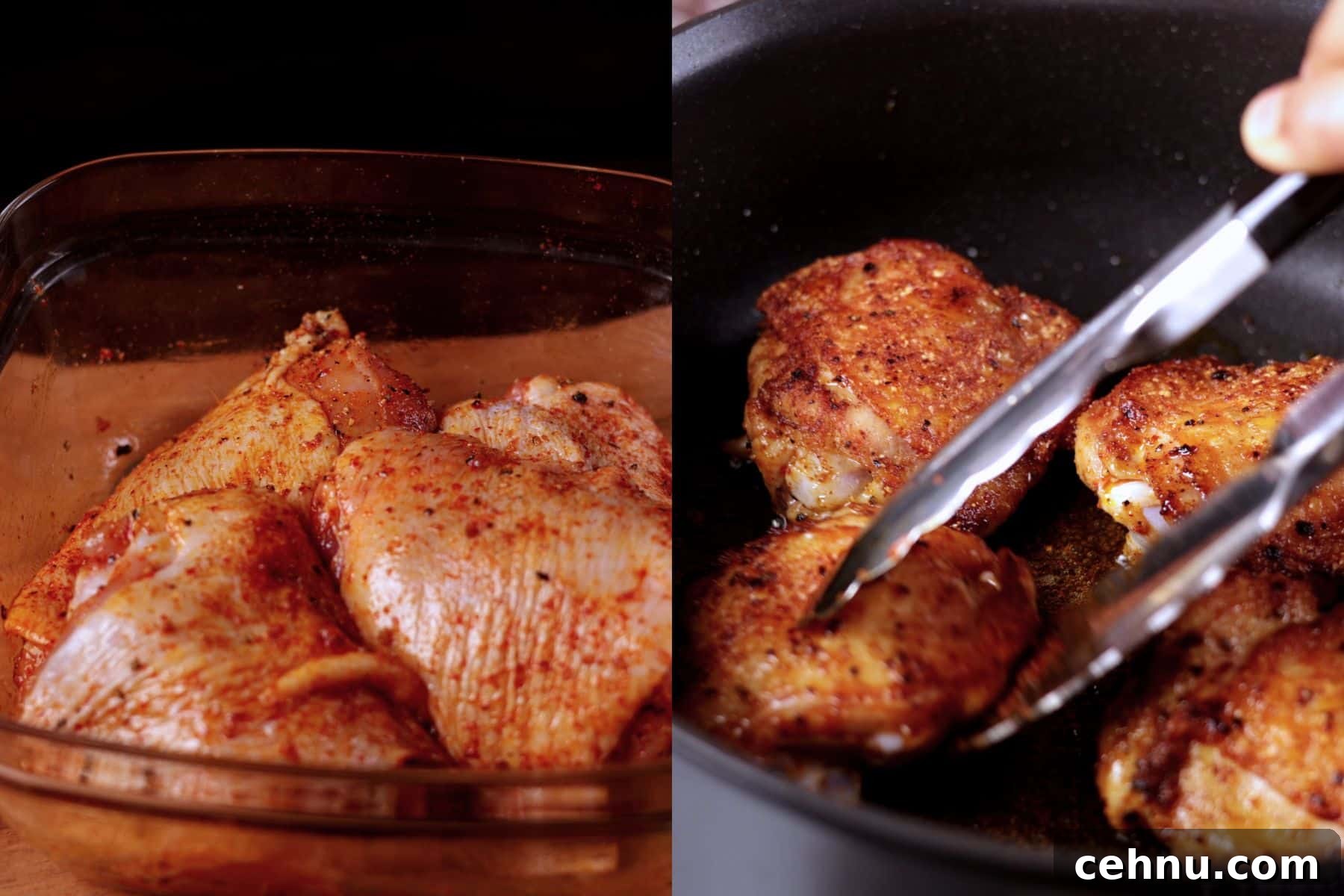 Seasoning chicken thighs with spices and searing them in a pan for chicken and yellow rice.