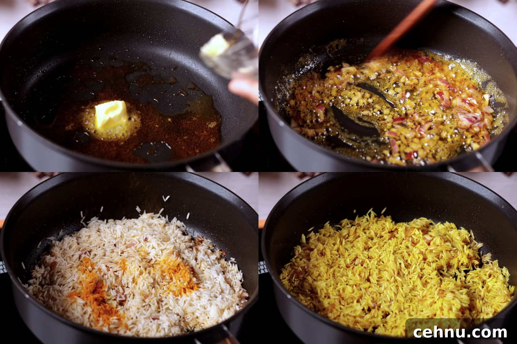 Cooking onion and garlic, then toasting rice with turmeric for one pan chicken and yellow rice.