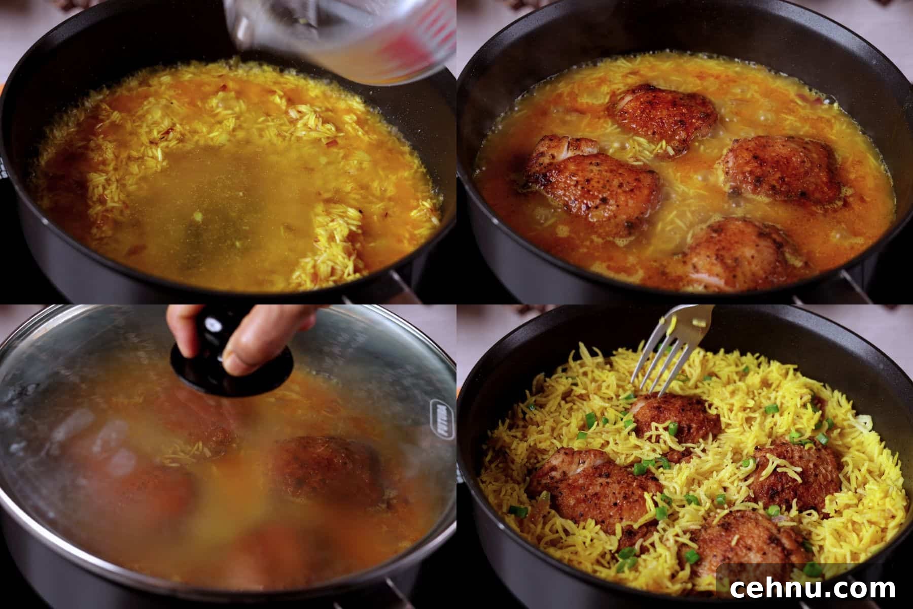 Adding chicken broth, placing seared chicken over the rice, covering and simmering, then finishing with lemon juice and green onions for chicken and yellow rice.