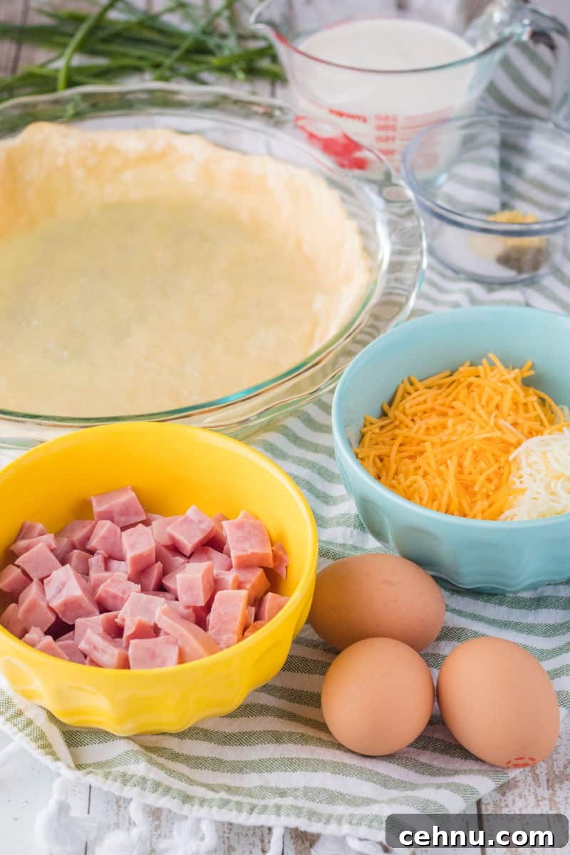 Brunch is a snap when you make this Easy Ham and Cheese Quiche! Simply prep your pie crust, pour in the filling and bake. It's practically fool-proof! ingredients to make ham and cheese quiche