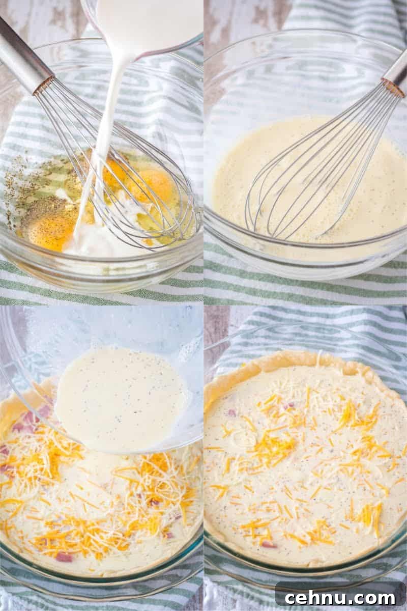Brunch is a snap when you make this Easy Ham and Cheese Quiche! Simply prep your pie crust, pour in the filling and bake. It's practically fool-proof! steps to make a ham and cheese quiche