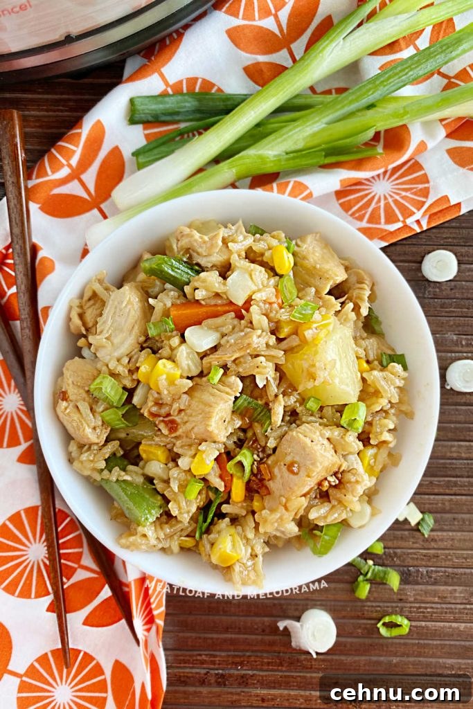 teriyaki chicken and rice in white bowl on the table with instant pot and chopsticks and green onions