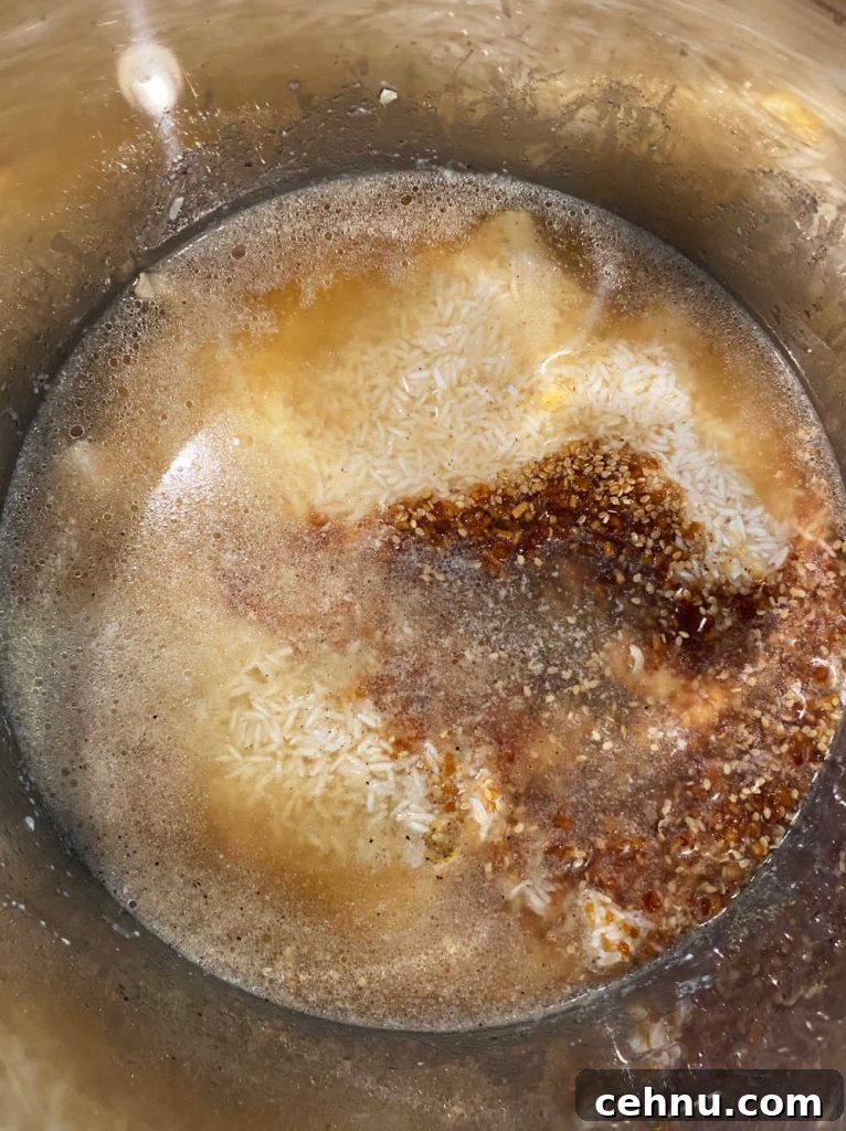 chicken, rice and teriyaki sauce in pressure cooker