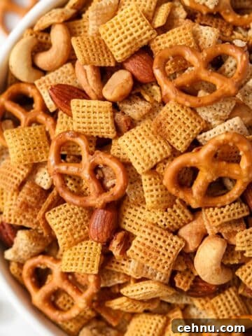 A bowl of chex mix featuring pretzels, chex cereal, and mixed nuts.