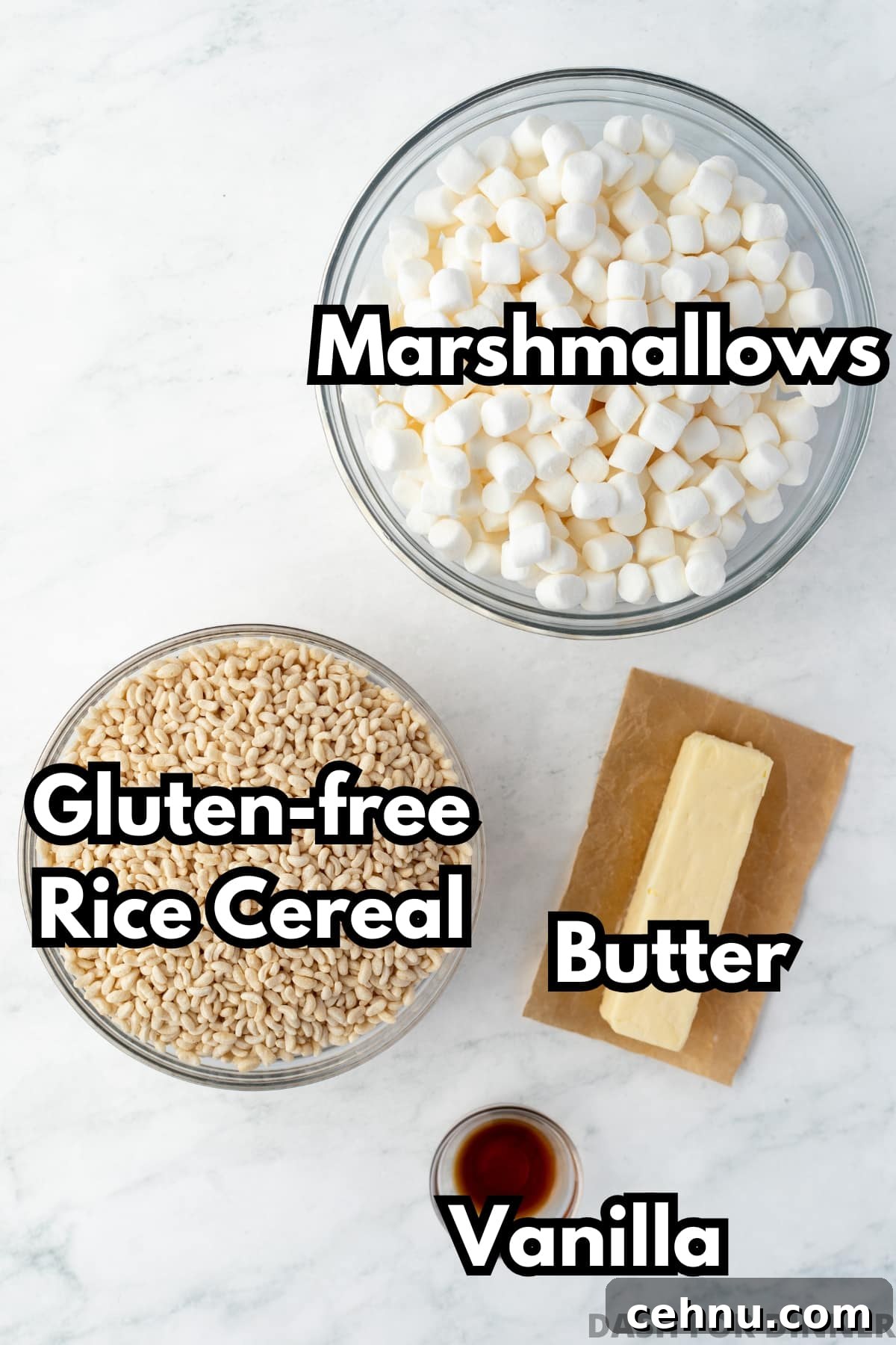 Gluten-Free Rice Krispie Treats Recipe 3 The ingredients needed to make gluten free rice crispy treats, including marshmallows, rice cereal, butter, and vanilla.