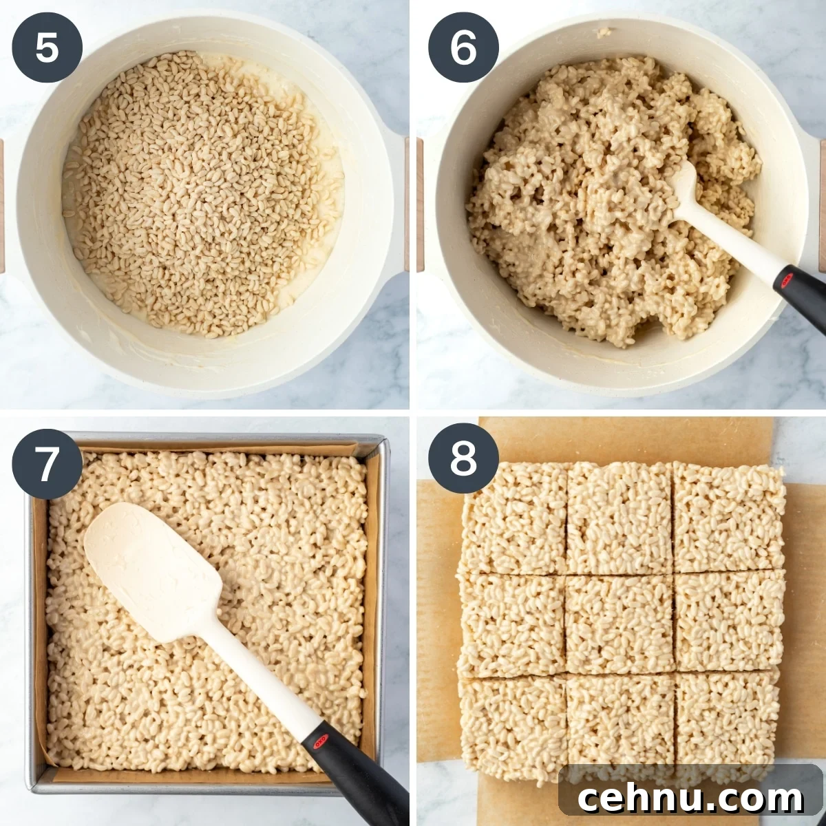 Gluten-Free Rice Krispie Treats Recipe 5 Adding cereal to melted marshmallows, then pressing into a baking pan.