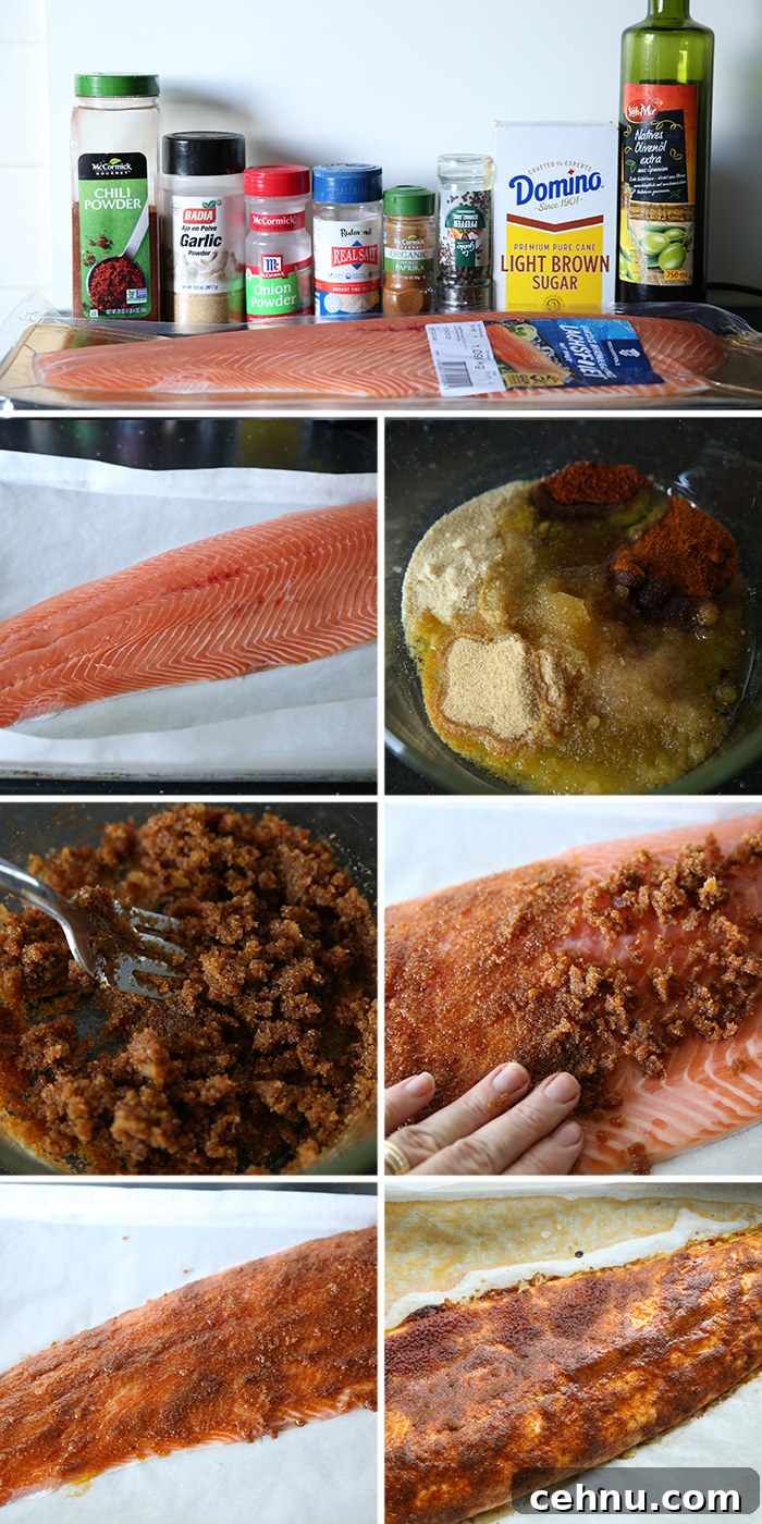 Brown Sugar Salmon with Smoky Maple Glaze 5 7-photo picture collage of step-by-step photos of how to to make sweet and smoky brown sugar salmon.