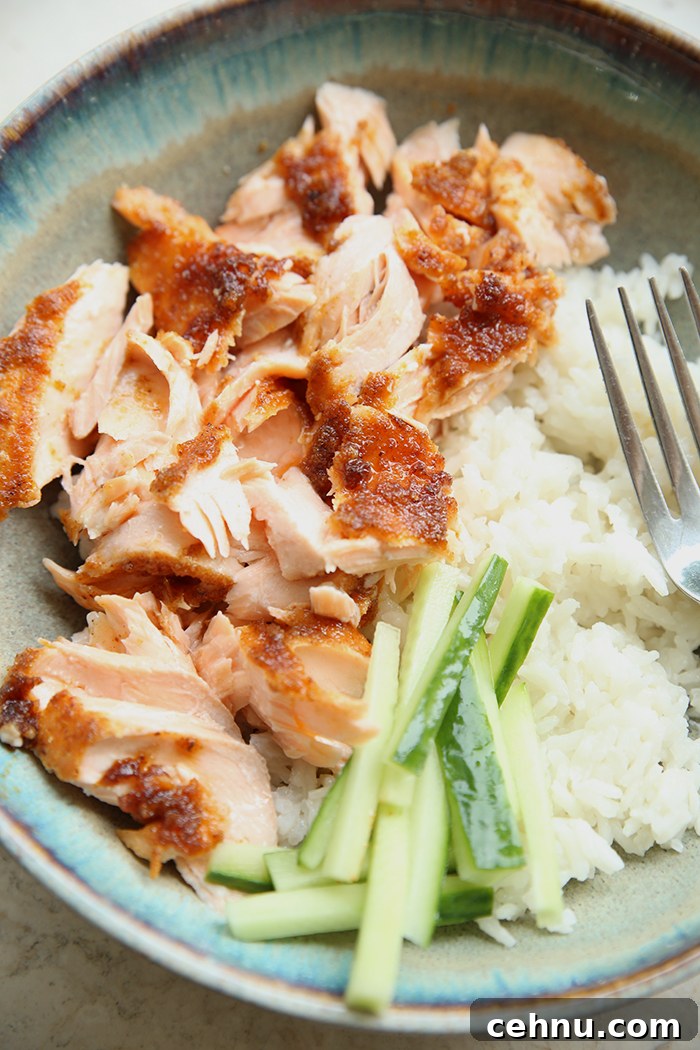 A dinner plate with a serving of coconut rice, sliced cucumbers and flaked brown sugar salmon.