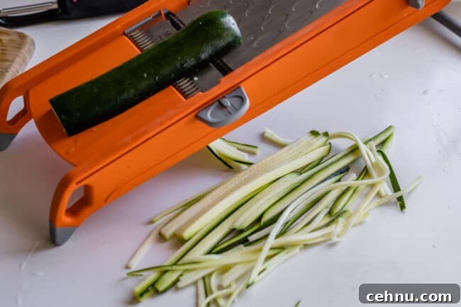 Using a mandoline to make straight zucchini noodles.
